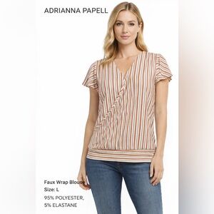 Adrianna Papell Faux Wrap Blouse Striped V-Neck Top | L